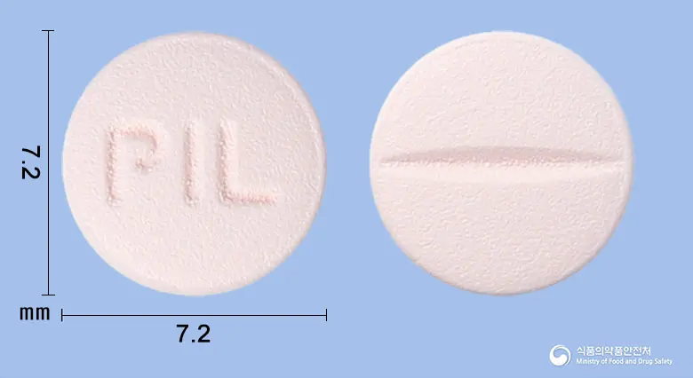 피타론정(피타바스타틴칼슘) 앞뒤 사진 (분홍색 원형, 각인 PIL)