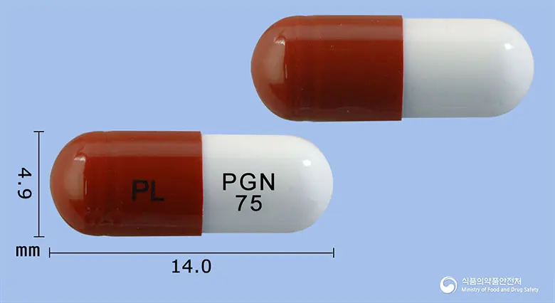 리리프캡슐75밀리그램(프레가발린) 앞뒤 사진 (갈색 캡슐, 각인 PL PGN 75)