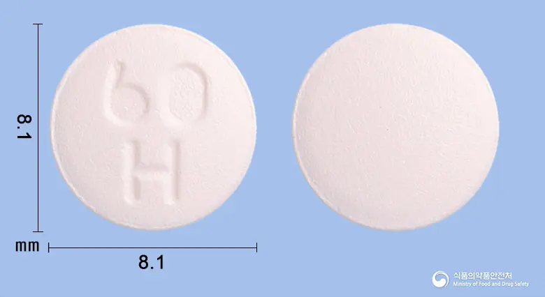 휴로린타정60mg(티카그렐러) 앞뒤 사진 (분홍색 원형, 각인 60H)