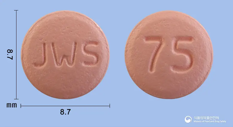 클로커버정(클로피도그렐황산염) 앞뒤 사진 (분홍색 원형, 각인 JWS / 75)