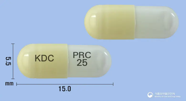 프레가린캡슐25밀리그램(프레가발린) 앞뒤 사진 (노란색 캡슐, 각인 KDC PRC 25)