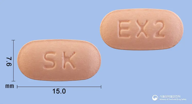 코스카이엑스정5/100밀리그램 앞뒤 사진 (분홍색 타원형, 각인 SK / EX2)
