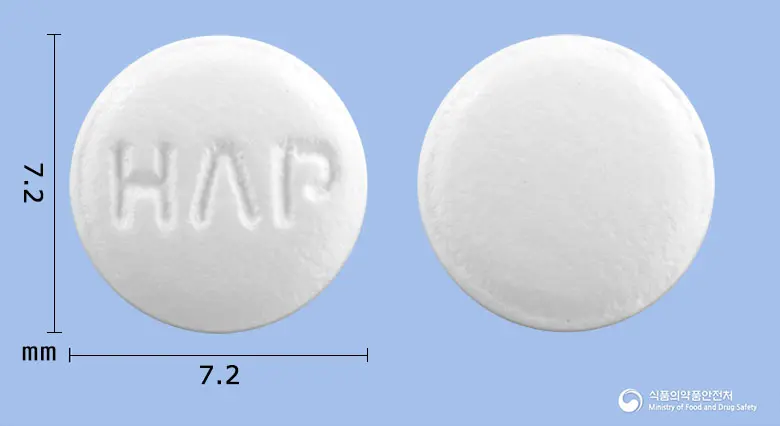 휴텍스아스피린장용정100mg(아스피린) 앞뒤 사진 (흰색 원형, 각인 HΛP)