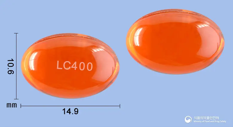 엘씨펜연질캡슐400mg(이부프로펜) 앞뒤 사진 (주황색·투명 캡슐, 각인 LC400)