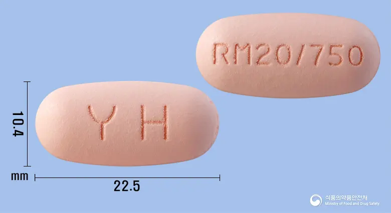 로수메트서방정20/750밀리그램 앞뒤 사진 (분홍색 타원형, 각인 YH / RM20/750)