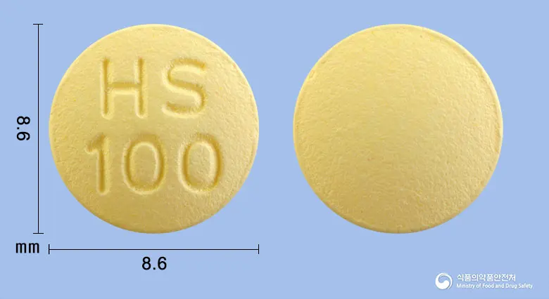 이지타핀정100밀리그램(쿠에티아핀푸마르산염) 앞뒤 사진 (노란색 원형, 각인 HS100)