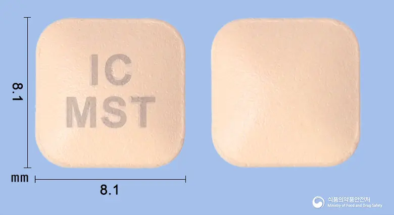 몬테스타정10mg(몬테루카스트나트륨) 앞뒤 사진 (분홍색 사각형, 각인 ICMST)