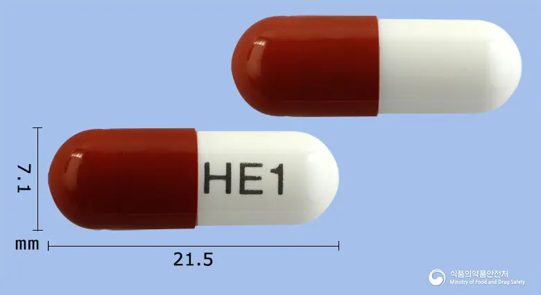 아킨지오캡슐 앞뒤 사진 (갈색 캡슐, 각인 HE1)