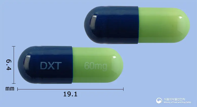 피엠에스둘록세틴캡슐60mg(둘록세틴염산염) 앞뒤 사진 (파란색 캡슐, 각인 DXT 60mg)