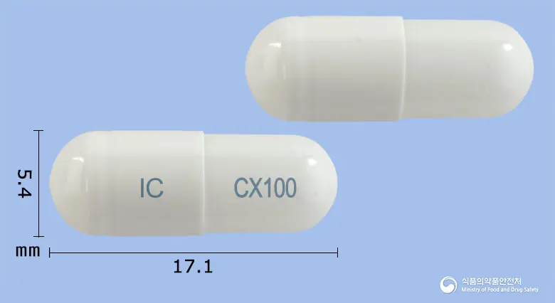 세코브캡슐100밀리그램(세레콕시브) 앞뒤 사진 (흰색 캡슐, 각인 IC CX100)
