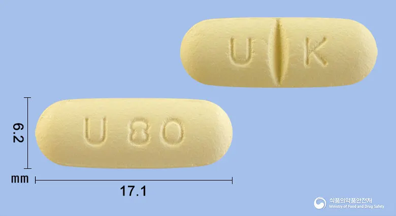 유니페릭정(페북소스타트) 앞뒤 사진 (노란색 장방형, 각인 U80 / U K)
