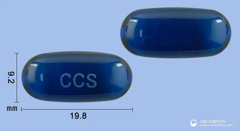 신코프에프연질캡슐 앞뒤 사진 (파란색·투명 캡슐, 각인 CCS)