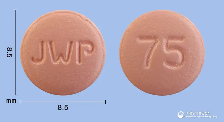 제이그렐정(클로피도그렐황산염) 앞뒤 사진 (분홍색 원형, 각인 JWP / 75)