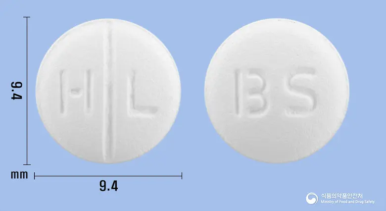 베리온서방정(베포타스틴살리실산염) 앞뒤 사진 (흰색 원형, 각인 H L / BS)
