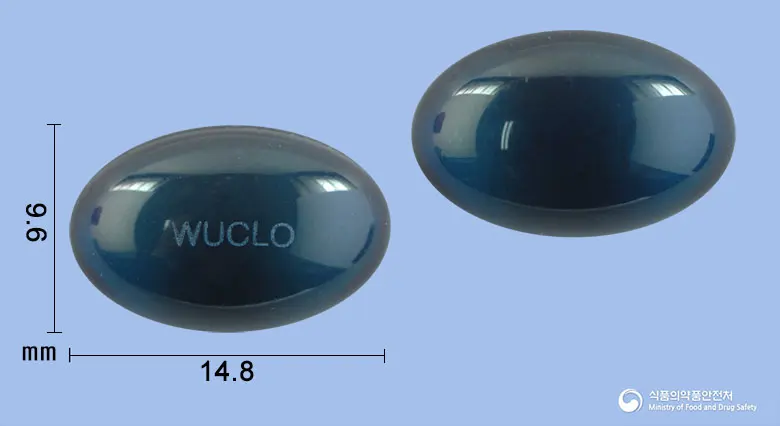 크로쎈연질캡슐(클로닉신리시네이트) 앞뒤 사진 (파란색·투명 캡슐, 각인 WUCLO)