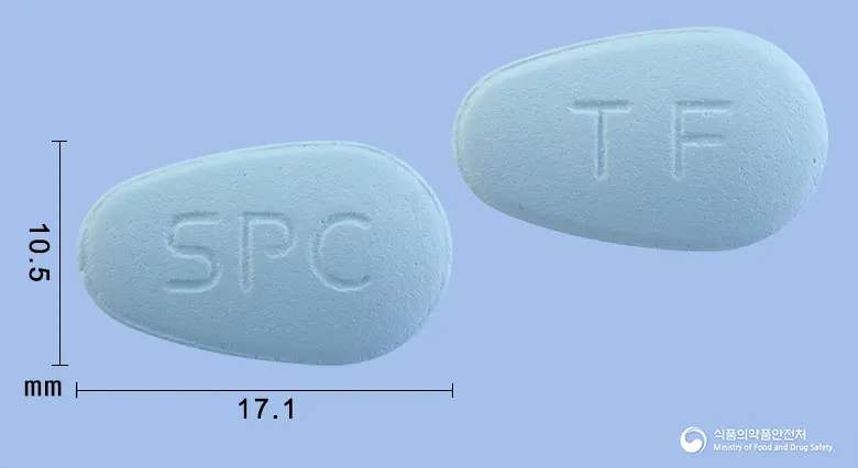 테노프리정(테노포비르디소프록실푸마르산염) 앞뒤 사진 (파란색 기타, 각인 SPC / TF)