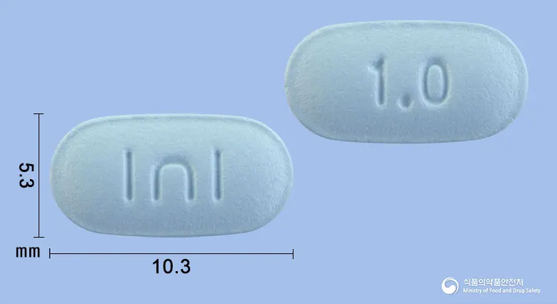 제로코틴정1mg(바레니클린살리실산염) 앞뒤 사진 (파란색 장방형, 각인 I∩I / 1.0)