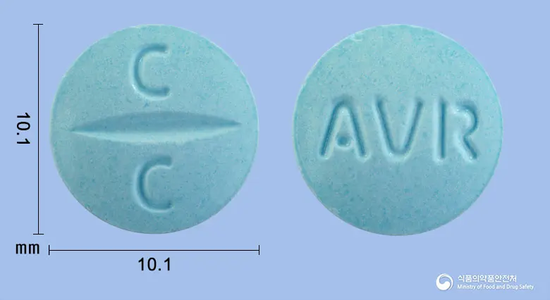 클로락정(아시클로버) 앞뒤 사진 (파란색 원형, 각인 C C / AVR)