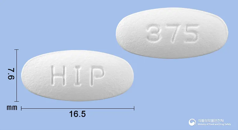 화모클정375mg(아목시실린·클라불란산칼륨) 앞뒤 사진 (흰색 타원형, 각인 HIP / 375)