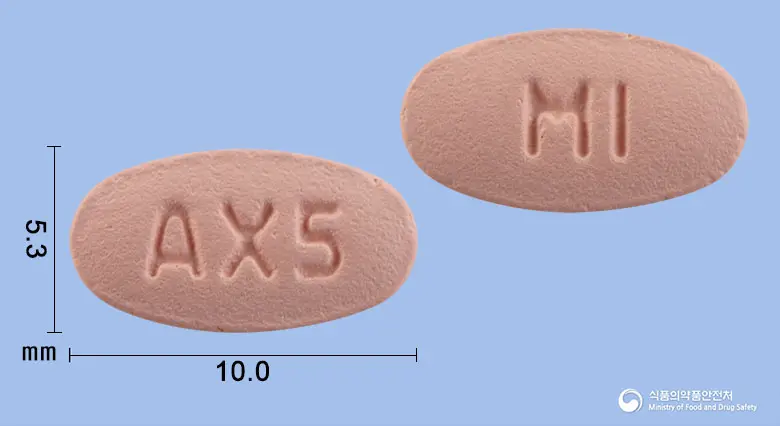 명인아픽사반정5mg 앞뒤 사진 (분홍색 타원형, 각인 AX5 / MI)