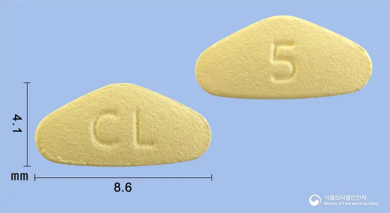 시알롱기정5mg(타다라필) 앞뒤 사진 (노란색 삼각형, 각인 CL / 5)