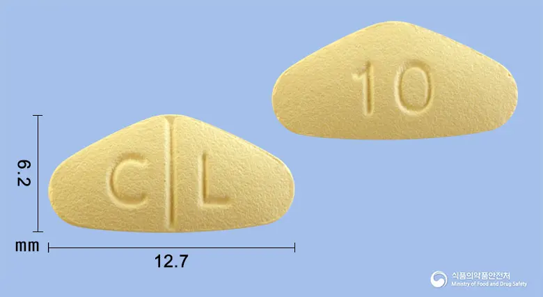 시알롱기정10mg(타다라필) 앞뒤 사진 (노란색 삼각형, 각인 C L / 10)