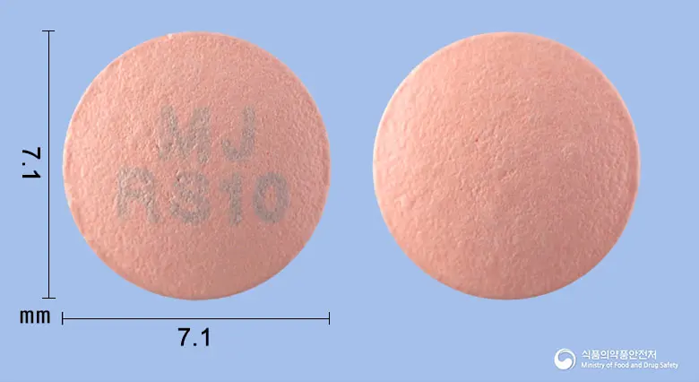 로수틴엠정10mg(로수바스타틴칼슘) 앞뒤 사진 (분홍색 원형, 각인 MJ RS10)