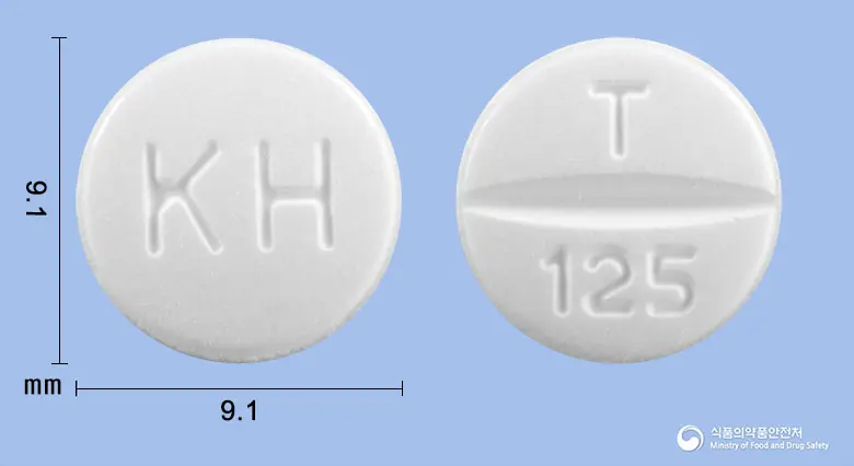 셀테나핀정(테르비나핀염산염) 앞뒤 사진 (흰색 원형, 각인 KH / T 125)