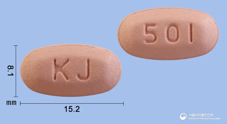 크레비스정500/10밀리그램 앞뒤 사진 (분홍색 타원형, 각인 KJ / 501)