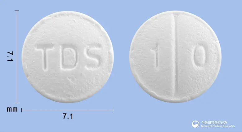 베포리온정(베포타스틴베실산염) 앞뒤 사진 (흰색 원형, 각인 TDS / 1 0)