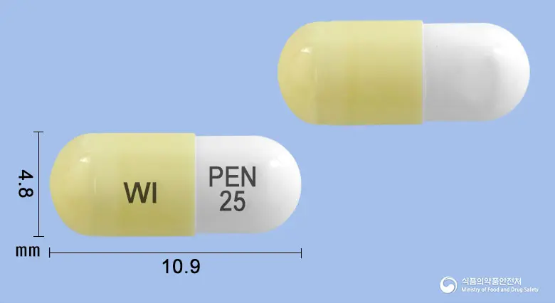 프리렙톨캡슐25밀리그램(프레가발린) 앞뒤 사진 (노란색 캡슐, 각인 WI PEN 25)