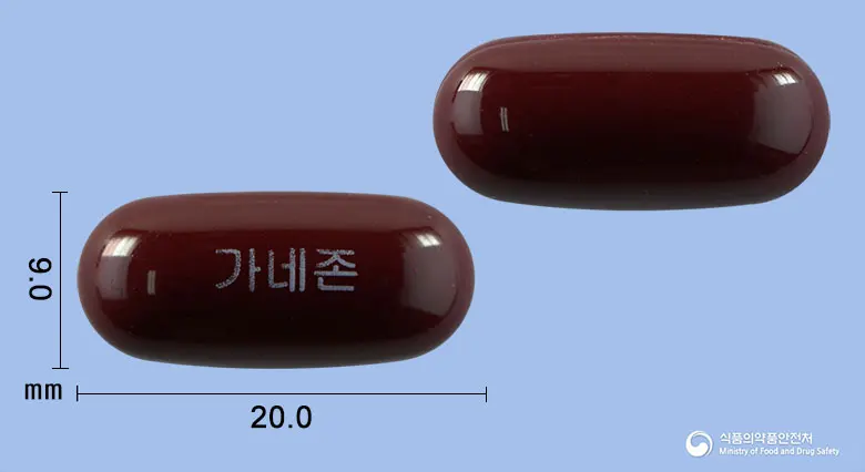 가네존연질캡슐(밀크시슬열매건조엑스) 앞뒤 사진 (갈색 캡슐, 각인 가네존)