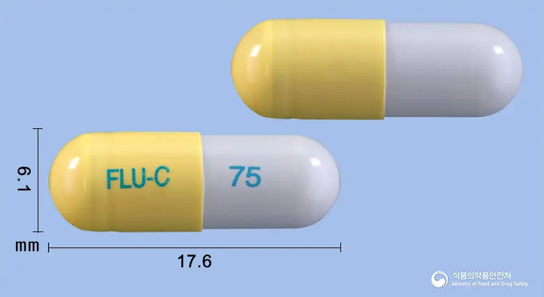 플루클캡슐75밀리그램(오셀타미비르인산염) 앞뒤 사진 (노란색 캡슐, 각인 FLU-C 75)