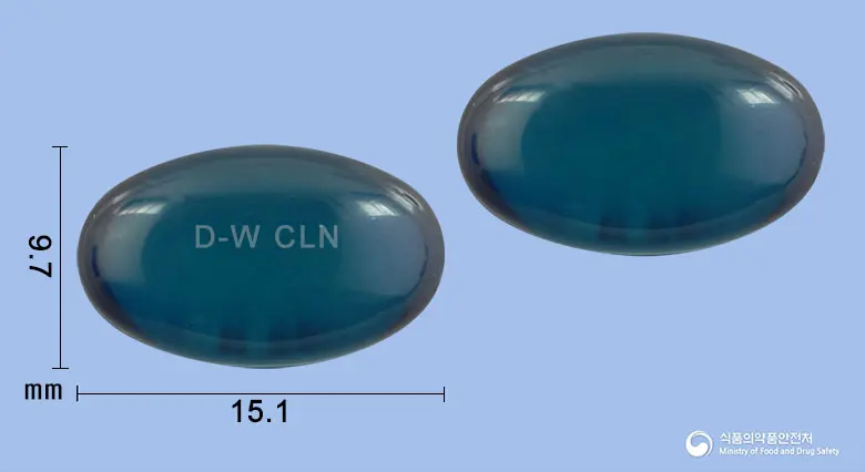 클로나인연질캡슐(클로닉신리시네이트) 앞뒤 사진 (파란색·투명 캡슐, 각인 D-W CLN)