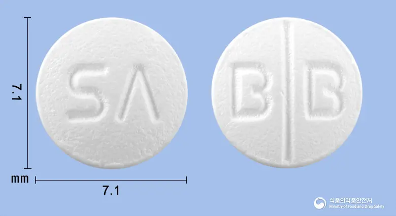 베포린비정(베포타스틴베실산염) 앞뒤 사진 (흰색 원형, 각인 B B)