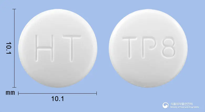 하이퍼텔미플러스정80/12.5mg 앞뒤 사진 (흰색 원형, 각인 HT / TP8)