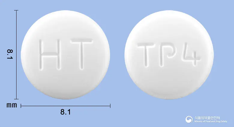 하이퍼텔미플러스정40/12.5mg 앞뒤 사진 (흰색 원형, 각인 HT / TP4)