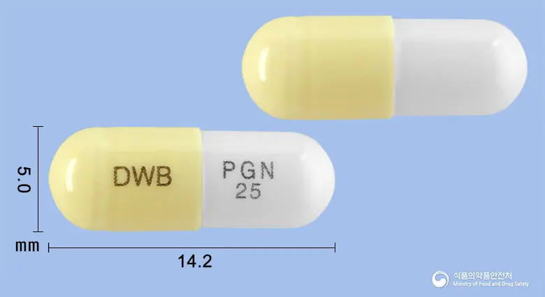 리리베아캡슐25mg(프레가발린) 앞뒤 사진 (노란색 캡슐, 각인 DWB PGN 25)