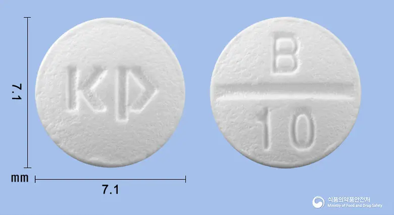 파마베포타스틴정(베포타스틴베실산염) 앞뒤 사진 (흰색 원형, 각인 B 10)