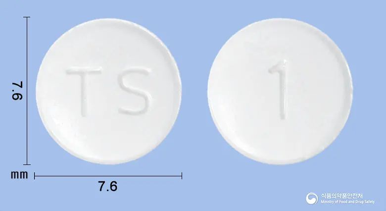 텔로살탄정40mg(텔미사르탄) 앞뒤 사진 (흰색 원형, 각인 TS / 1)