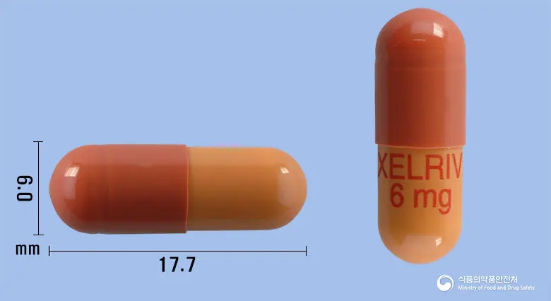 엑셀리바캡슐6밀리그램(리바스티그민타르타르산염) 앞뒤 사진 (갈색 캡슐, 각인 EXELRIVA 6mg)