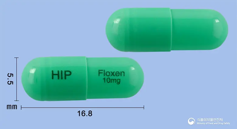 플록센캡슐10밀리그램(플루옥세틴염산염) 앞뒤 사진 (초록색 캡슐, 각인 HIP Floxen 10mg)