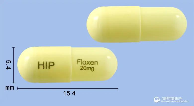플록센캡슐(플루옥세틴염산염) 앞뒤 사진 (노란색 캡슐, 각인 HIP Floxen 20mg)