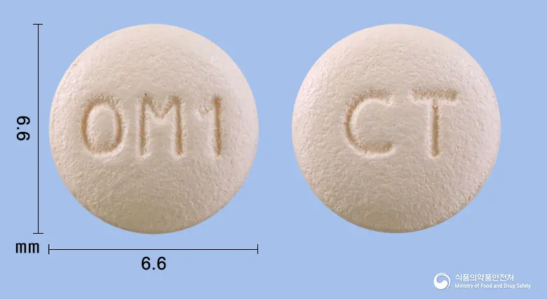 올메로핀에이치씨티정5/20/12.5밀리그램 앞뒤 사진 (분홍색 원형, 각인 OM1 / CT)