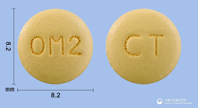 올메로핀에이치씨티정5/40/12.5밀리그램 앞뒤 사진 (노란색 원형, 각인 OM2 / CT)