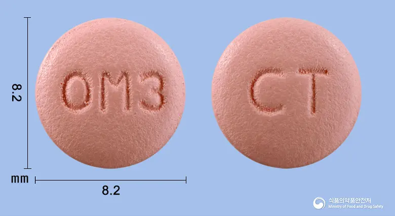 올메로핀에이치씨티정10/40/12.5밀리그램 앞뒤 사진 (분홍색 원형, 각인 OM3 / CT)