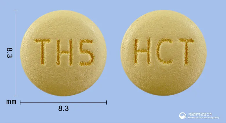 올메디퀄에이치씨티정5/40/12.5밀리그램 앞뒤 사진 (노란색 원형, 각인 TH5 / HCT)