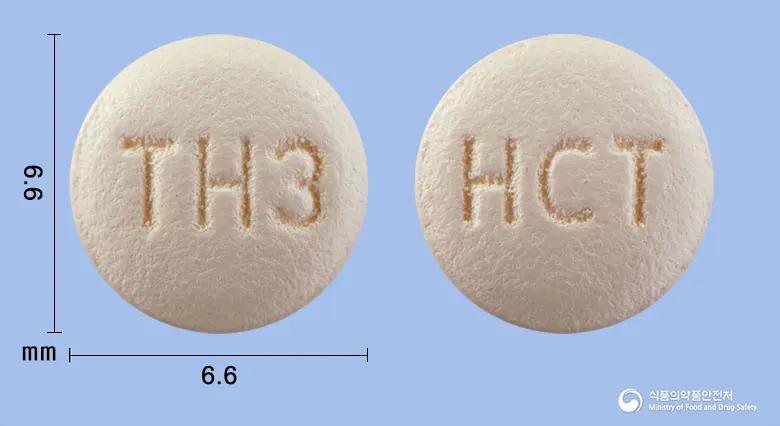 올메디퀄에이치씨티정 5/20/12.5밀리그램 앞뒤 사진 (분홍색 원형, 각인 TH3 / HCT)
