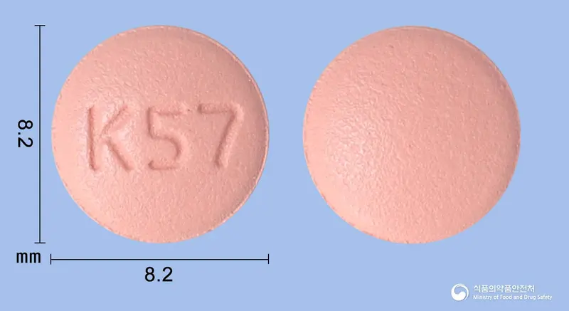 올로디핀에이치씨티정10/40/12.5밀리그램 앞뒤 사진 (분홍색 원형, 각인 K57)