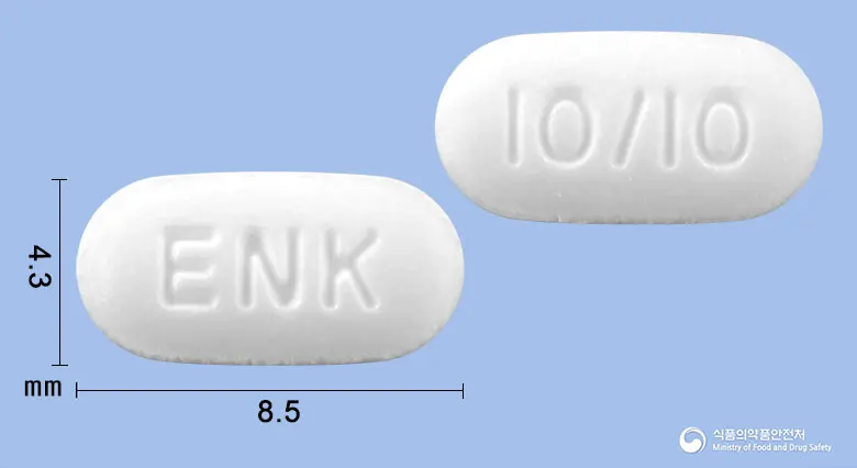 바이제타정10/10 앞뒤 사진 (흰색 타원형, 각인 ENK / 10/10)